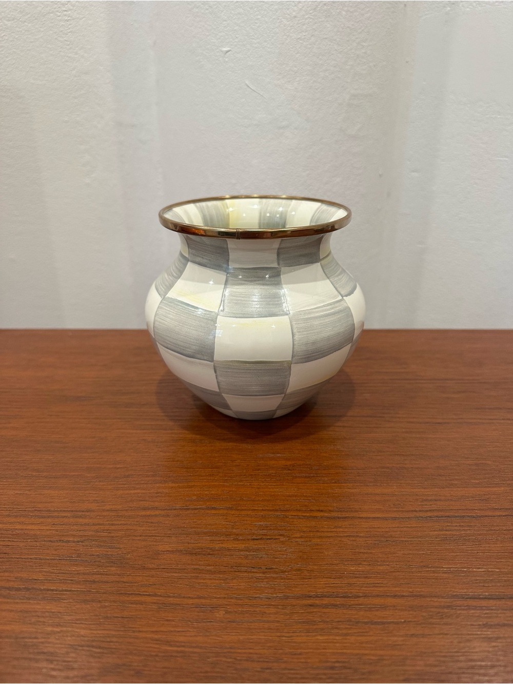 MacKenzie-Childs Gray and White Checkered Ceramic Vase with Gold Rim